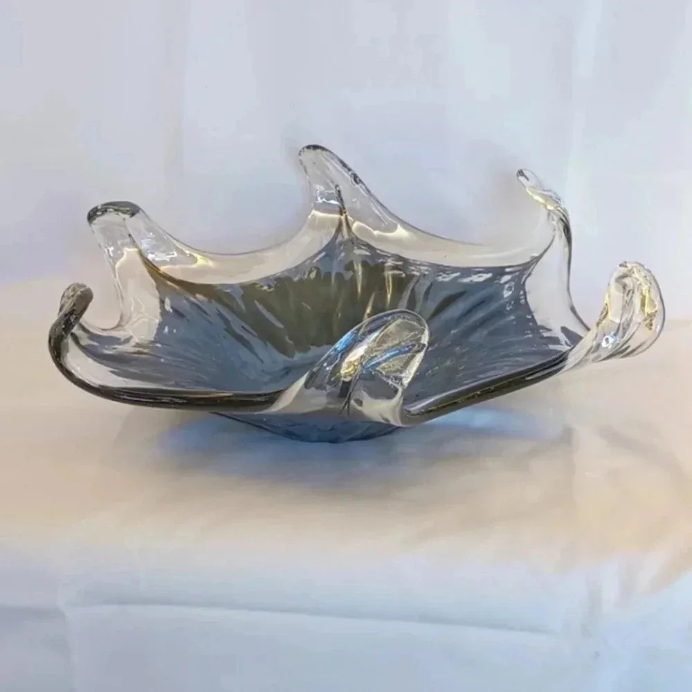 Hand Blown Murano Style Art Glass Bowl Dish Blue Metallic